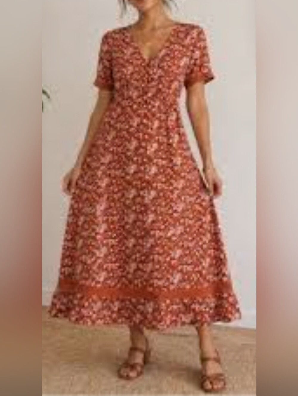ROOLEE Women's Orange Floral V-Neck Short Sleeve Maxi Dress Size L. Fall, Boho